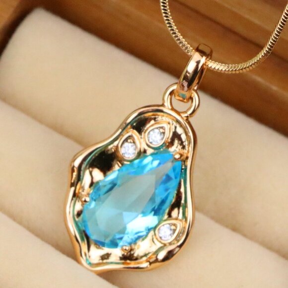 "Elegant Sky Blue Teardrop Pendant in Gold Frame, XPPT1736 - Picture 1 of 13